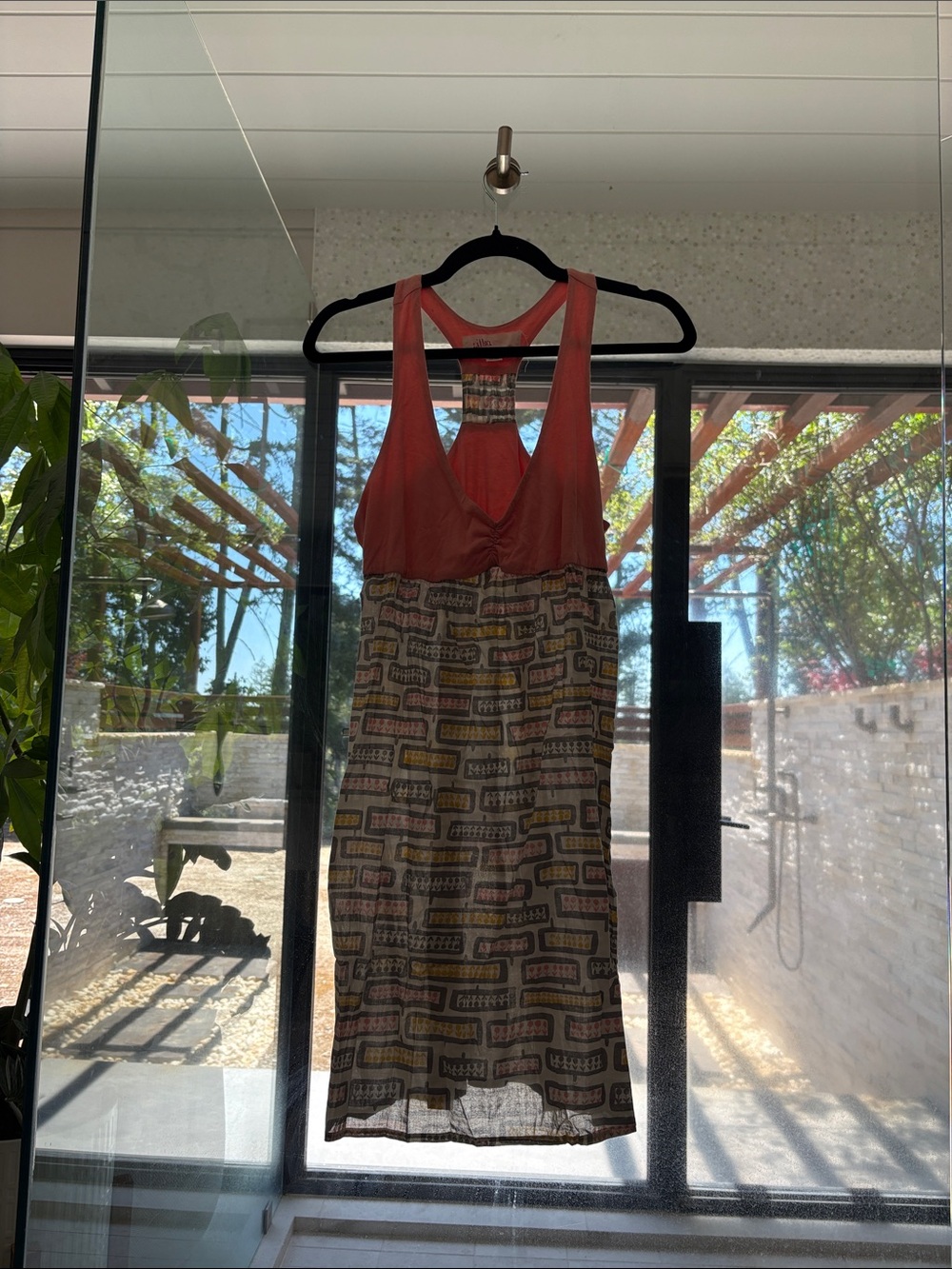 Coral Halter Sundress with Patterned Skirt